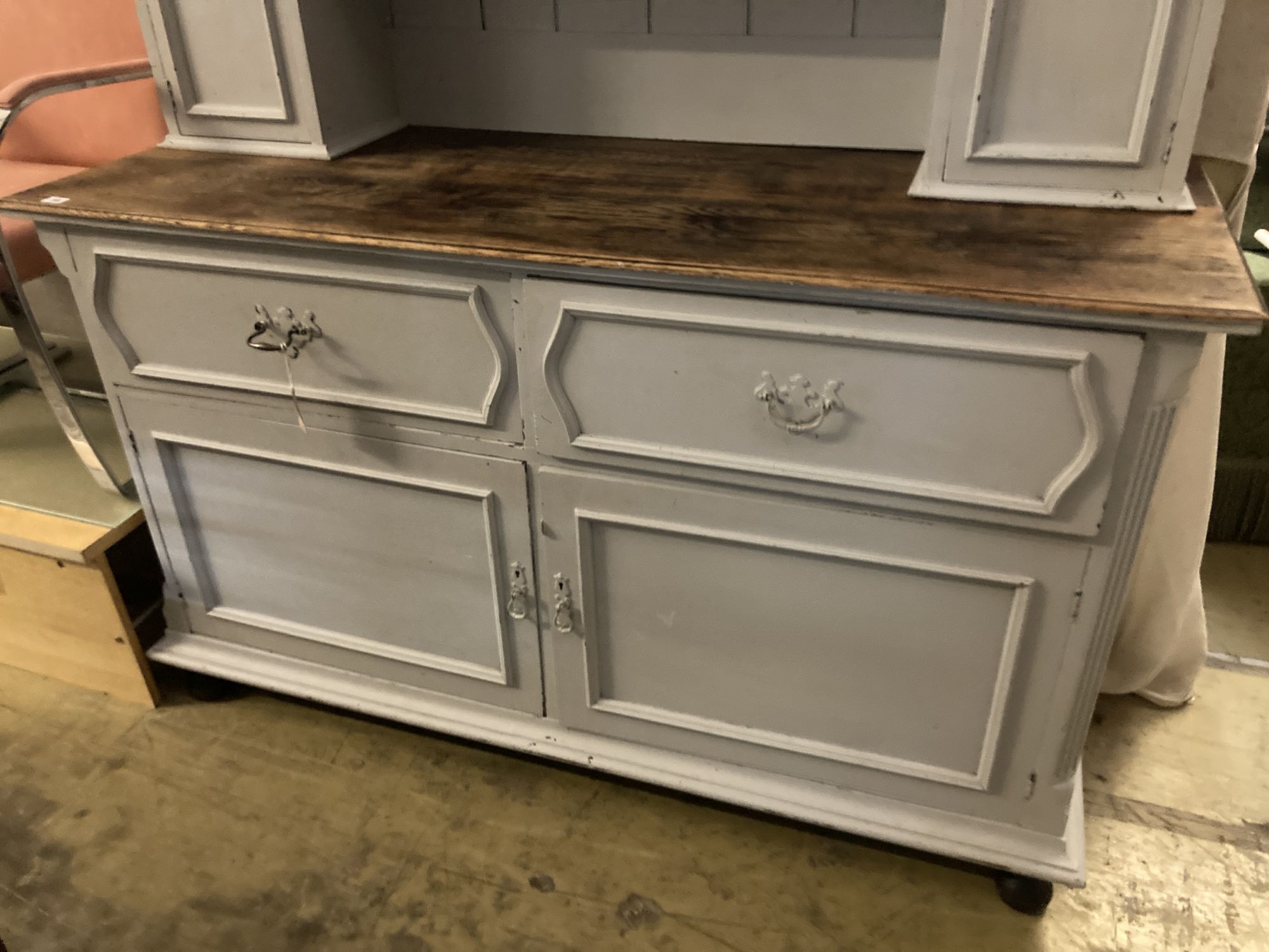 An early 20th century painted oak dresser, width 152cm depth 56cm height 197cm